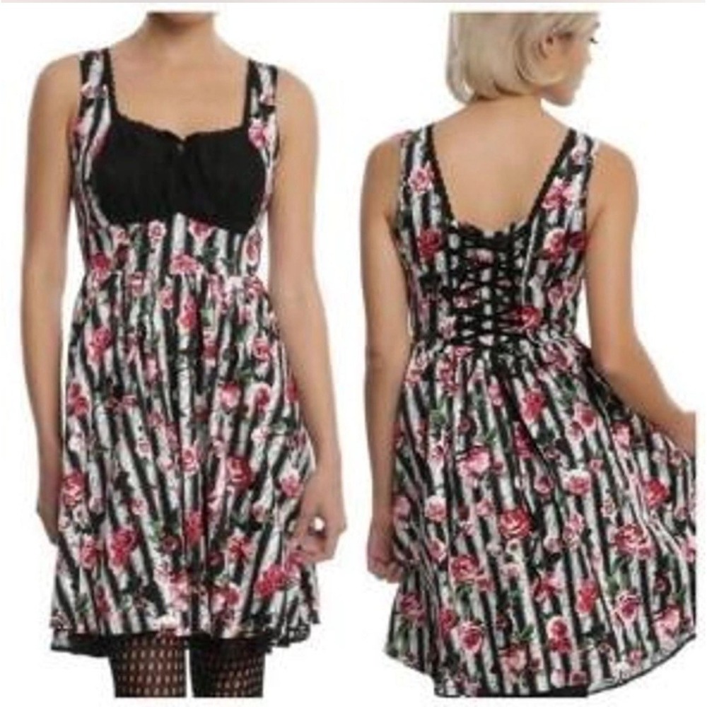 Hot Topic Rose Floral Stripe Corset Milkmaid Fit &‎ Flare Dress Goth Lace Size S